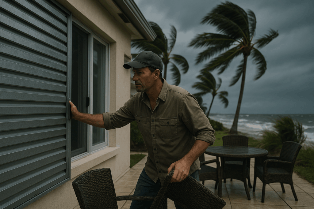 landlord inspecting a coastal rental property before hurricane season, checking storm shutters and securing patio furniture, palm trees swaying in light wind, overcast sky